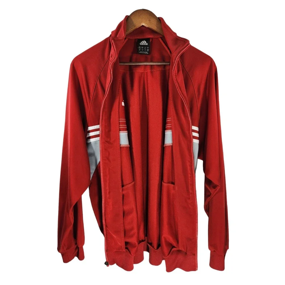 Adidas Men's Medium Track Jacket Red Grey White Full Zip Pockets Logo 3 Stripe